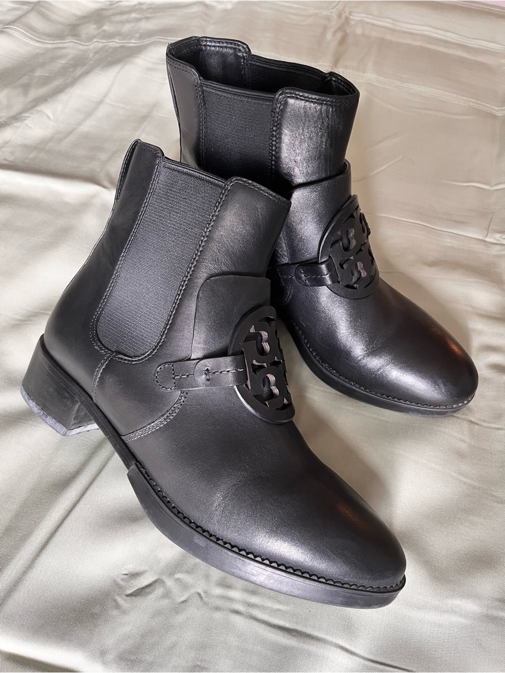 Tory Burch Black Leather Chelsea Ankle Boots with Signature Medallion